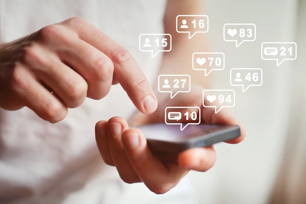 social media or network on smartphone mobile, comments, likes and new followers, communication online