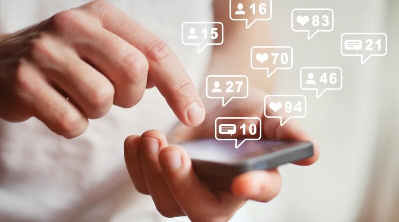 social media or network on smartphone mobile, comments, likes and new followers, communication online