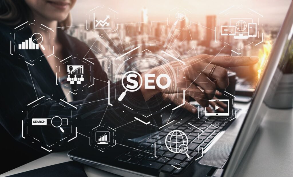 SEO - Search Engine Optimization for Online Marketing Concept. Modern graphic interface showing symbol of keyword research website promotion by optimize customer searching and analyze market strategy.
