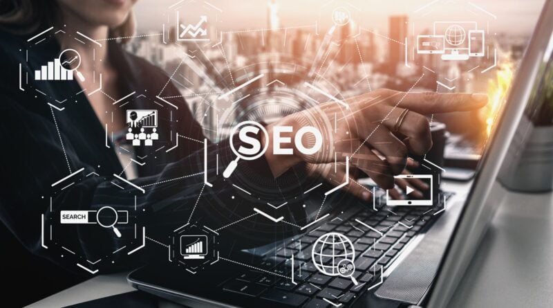 SEO - Search Engine Optimization for Online Marketing Concept. Modern graphic interface showing symbol of keyword research website promotion by optimize customer searching and analyze market strategy.