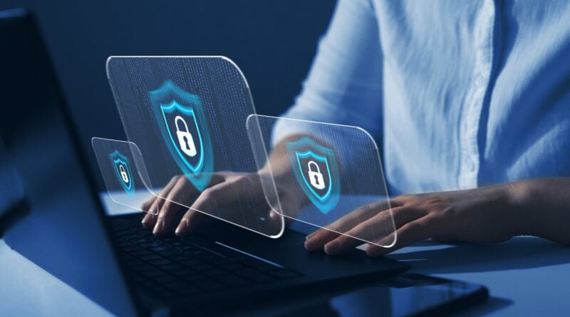 Cyber security firewall interface protection concept. Businesswoman protecting herself from cyber attacks. Personal data security and banking