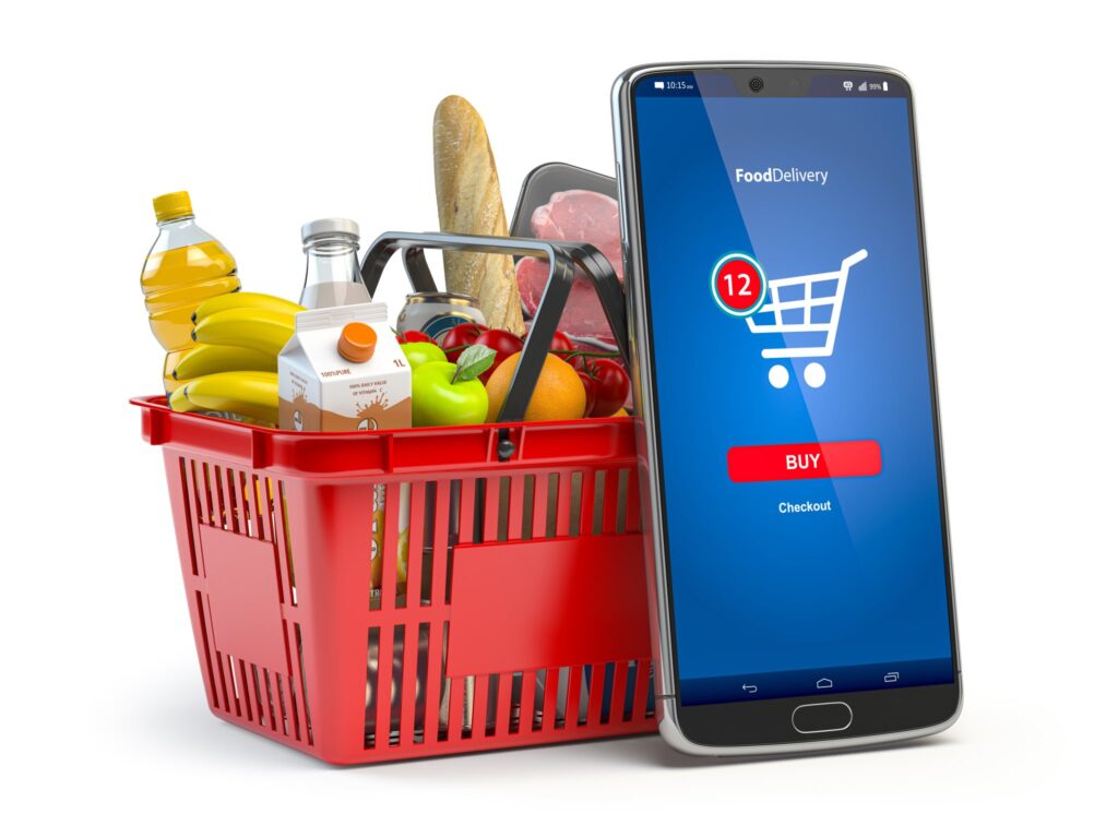 Shopping basket with fresh food isolated on white. Grocery supermarket, food and eats online buying and delivery concept. 3d illustration