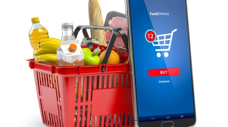 Shopping basket with fresh food isolated on white. Grocery supermarket, food and eats online buying and delivery concept. 3d illustration